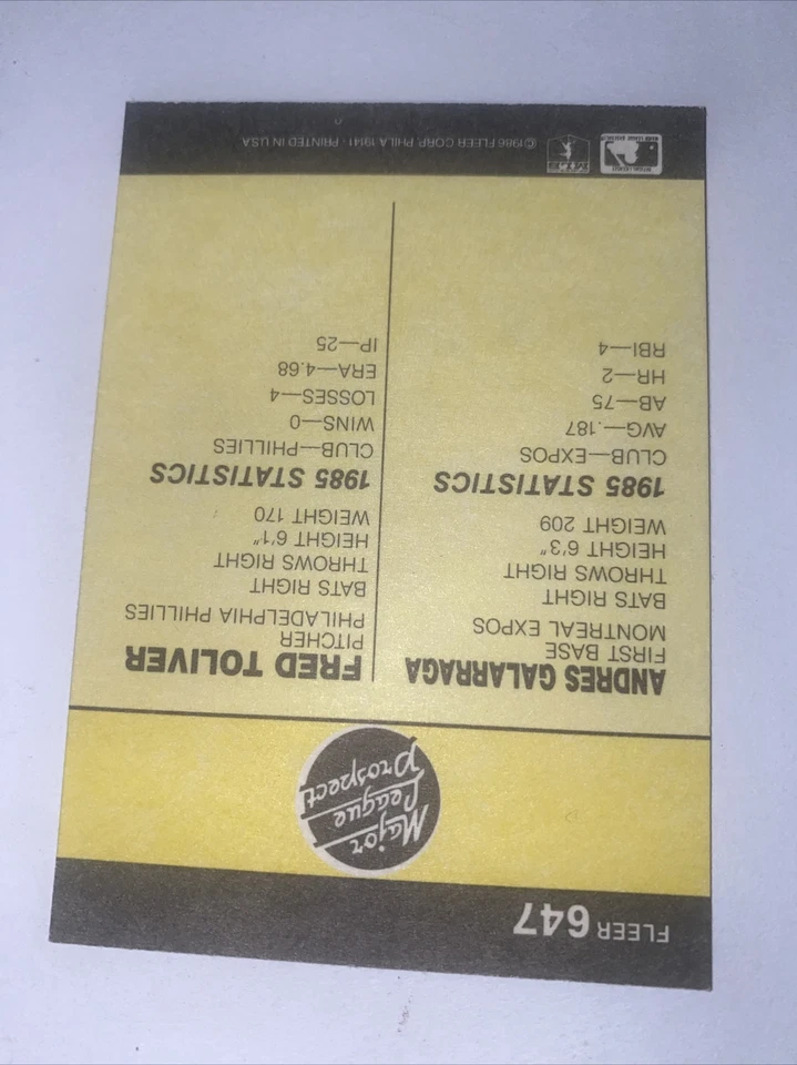 Andres Galarraga & Fred Toliver 1986 Fleer PROSPECTS ROOKIE Card #647 1110 - Image 2 of 4