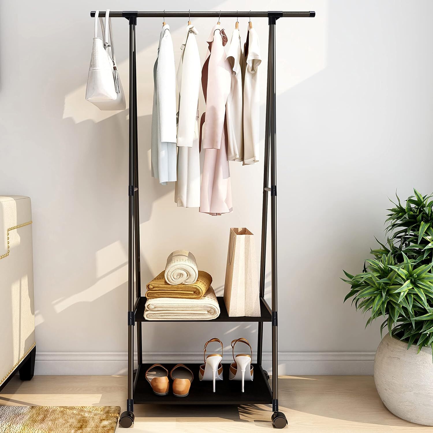 Clothes Rack on Wheels, Triangle Coat Rack, Rolling Garment Laundry Rack 2 Tier-image