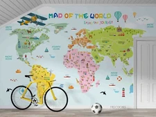 3D Cartoon World Map Wallpaper Wall Mural Removable Self-adhesive Sticker521