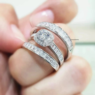 2ct Real Moissanite Bridal Wedding His Her Trio Ring Set 10k White Gold Plated