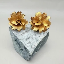 Vintage Giovanni Carnation Flower Rolled Gold Earrings Retro Costume Jewelry 60s