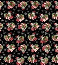 SUSAN WINGET Fabric - CAT PRESENTS on Black - BY THE HALF YARD - (18")