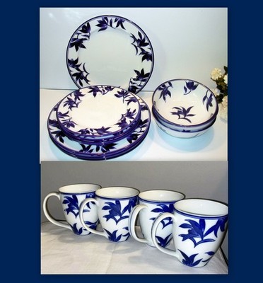 4 x Gedeck Ess-Service blau-weiß Geschirr Pier1 Ming China Teller Tassen Schalen