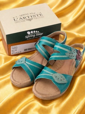 Spring Step L'Artiste Women's Leather Strappy Sandals Blue Leaf Hand-Painted 9.5