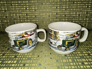 John Deere Winter Farm Scene Mugs / Glasses / Cups - Set Of 2