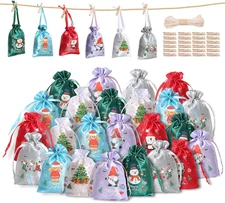 24 Pcs Small Christmas Bags with Drawstring Cute Satin Xmas Goodie Bags Bulk for