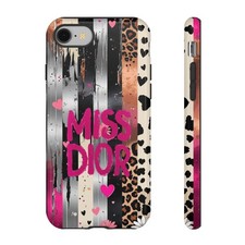 Custodia telefono Miss Dior a righe leopardate | Cover iPhone cuore rosa