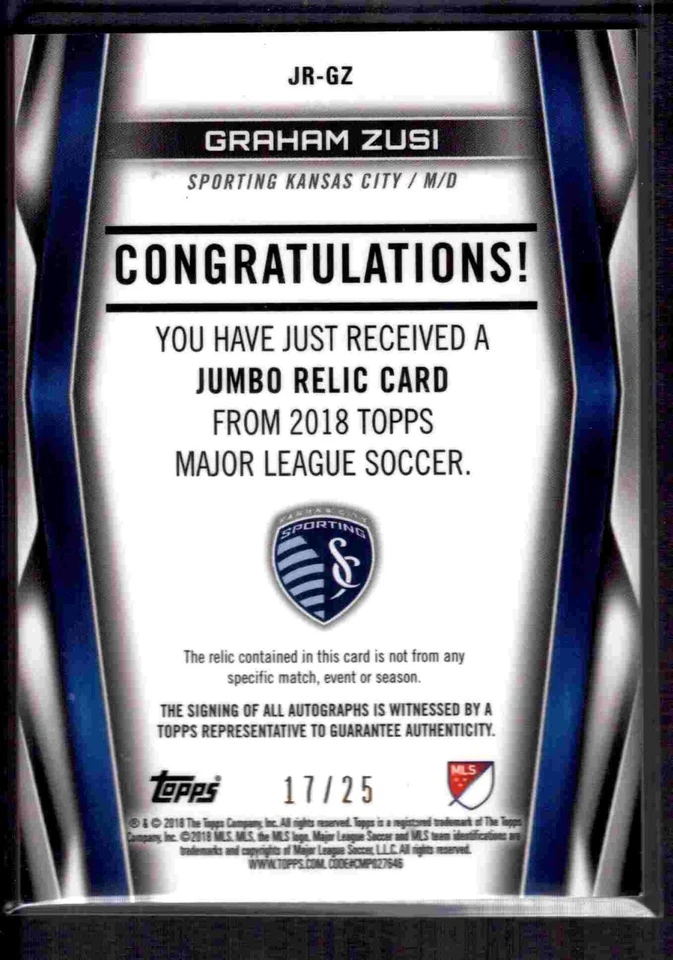 2018 Topps MLS Jumbo Relic Autograph 17/25! Graham Zusi Sporting Kansas City - Image 2 of 2