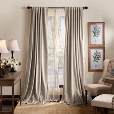 Lucca Velvet Blackout Back Tab Window Curtain Panel Pair, 84", Linen Beige