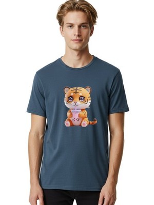 Tiger-Drinking-Bubble-Tea-2 Mens Graphic Tee, 100% Cotton, Casual Summer Wear