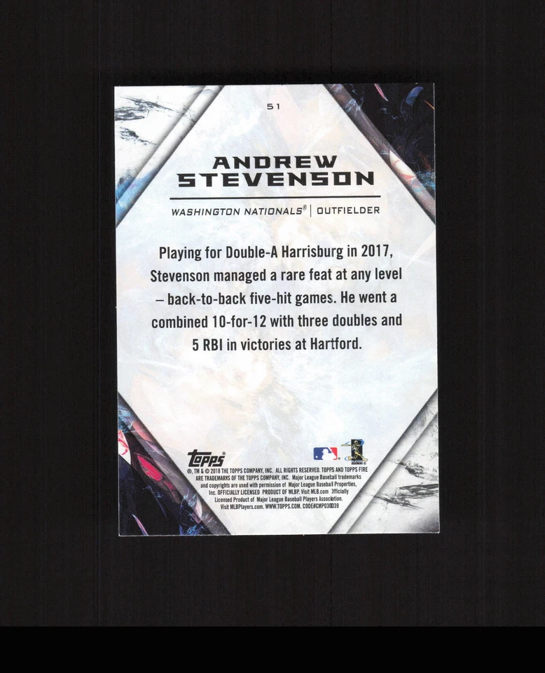 2018 Topps Fire #51 Andrew Stevenson ROOKIE CARD nationals - Image 2 of 2