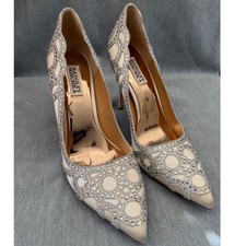 Badgley Mischka Pump Women Size 9 Ivory Crystal Embellished Satin Stiletto Prom
