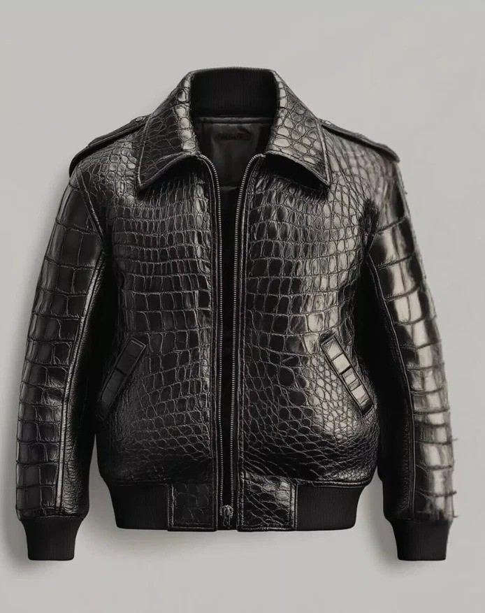 Men’s Black Crocodile Embossed Real Leather Jacket Biker Alligator Print Style