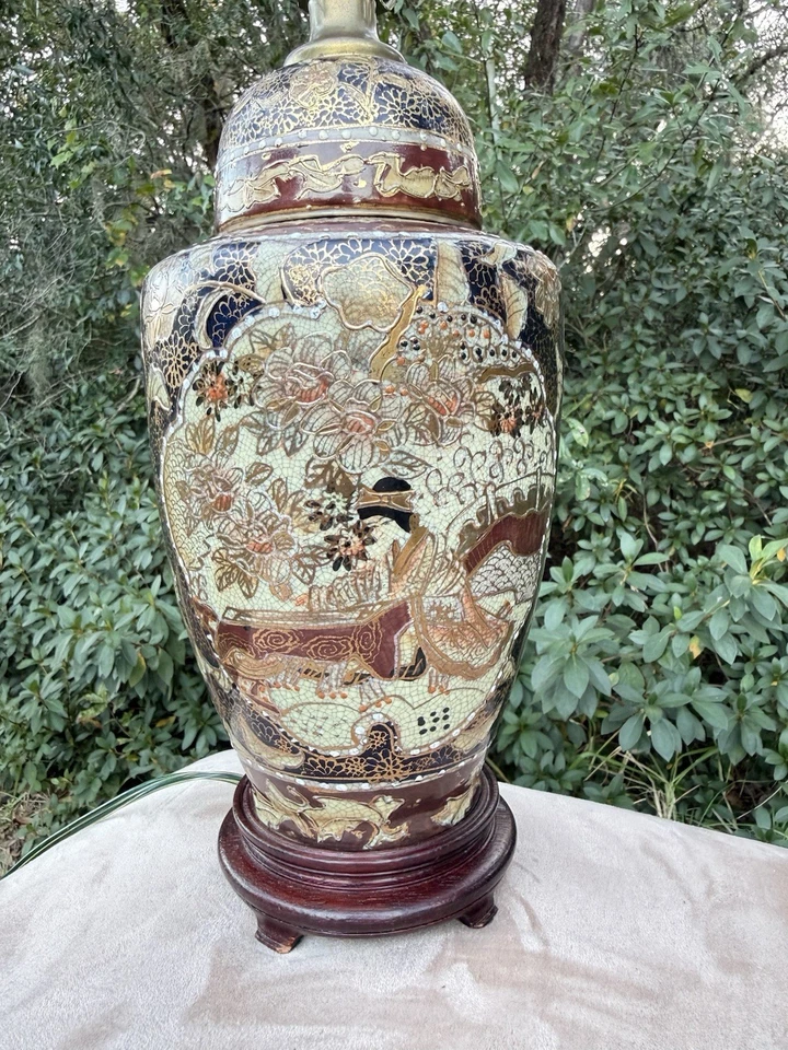 Abajur de mesa vaso Meiji vintage estilo Satsuma abajur de mesa de porcelana - Imagem 2 de 4