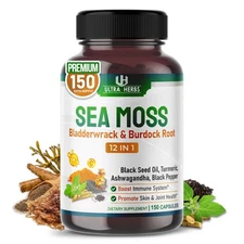 Organic Sea Moss  w/Black Seed Ashwagandha Burdock Bladderwrack USA Made 150 Ct