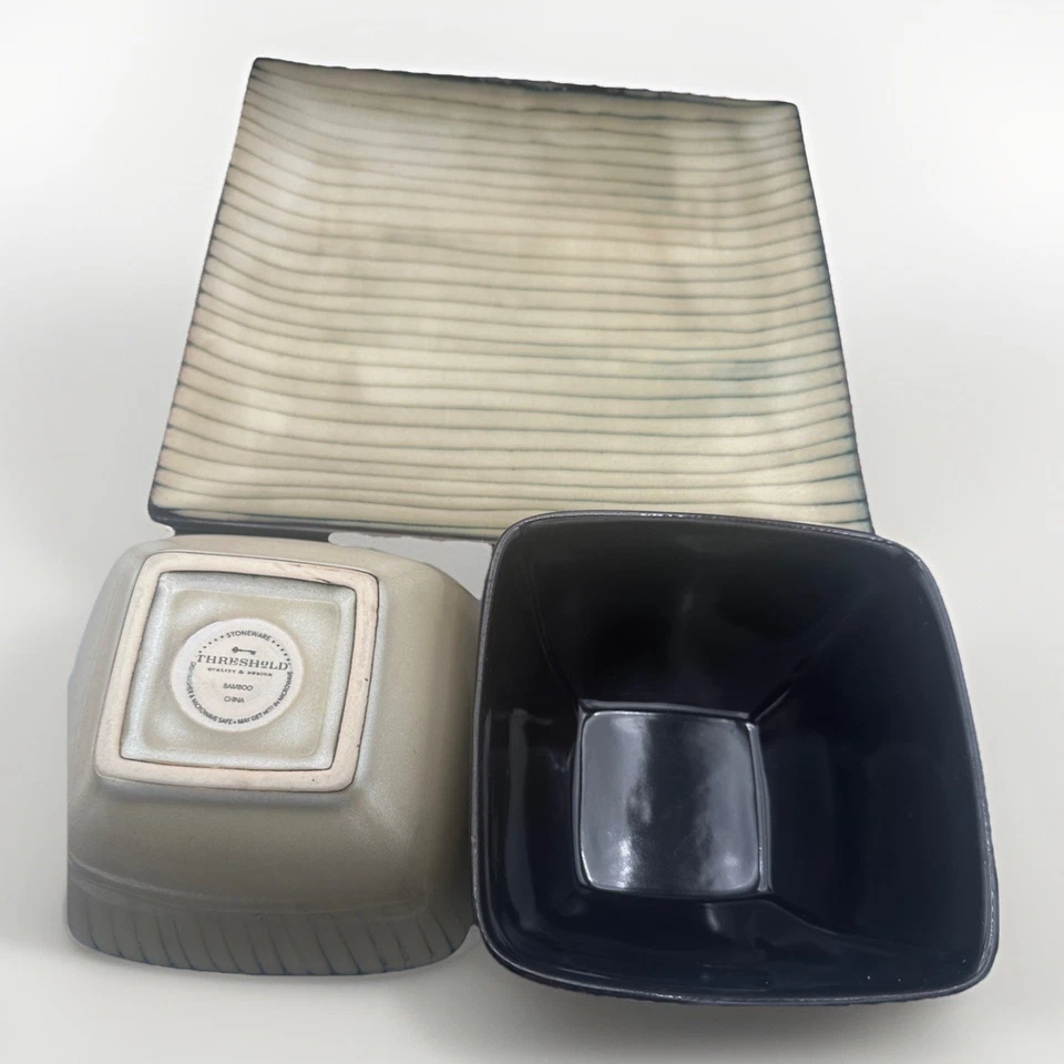 Juego de 2 platos de cena cuadrados de bambú de gres umbral y 2 cuencos de cereal/sopa EC Foto 4 de 4