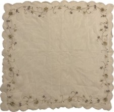Vintage Embroidered  Beaded Sheer Ivory Scarf Scalloped Edges Floral Taupe