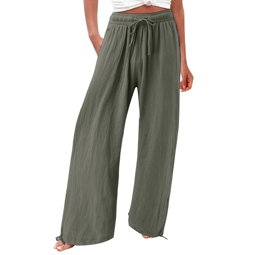Women Loose High Waist Drawstring Cotton Linen Wide Leg Long Pants With Pockets - Picture 18 of 44