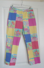 Lilly Pulitzer Sz 6 VTG LONG Pants PATCHWORK Design Blue Pink Red Beach Scenes