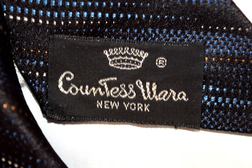 Corbata de Colección Condesa Mara Años 50 Azul Naranja Blanco Llovizna Rayas Seda 56" x 3.75" Foto 4 de 4