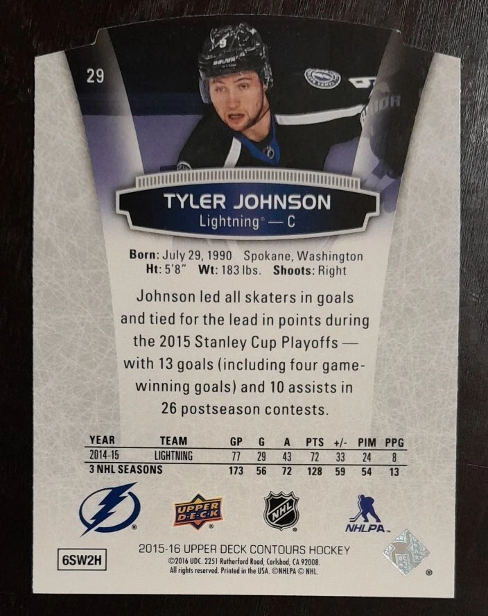 2015 - 2016 Upper Deck Contours Tyler Johnson Lighting #29 Hockey Card - Image 2 of 2