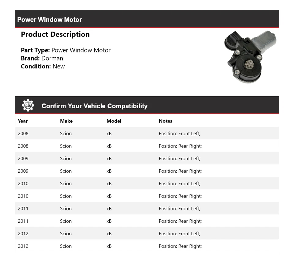 Motor de ventana eléctrica Scion xB Dorman 2008-2012 2009 2010 2011 Foto 2 de 4