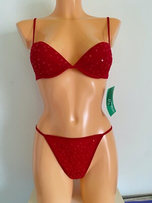 SEXY ROTER ANZUG GR S BENETTON NEU PAIETTES TANGA SLIP STRING BÜGEL
