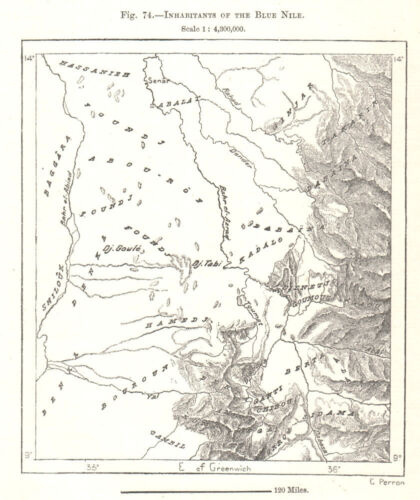 Habitants du Nil Bleu. Soudan. Carte croquis 1885 ancienne carte antique - Photo 1 sur 1