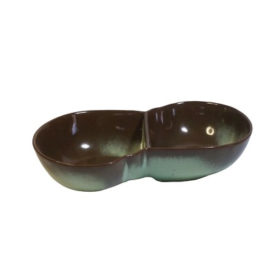 Frankoma Split Compartment Bowl Art Pottery Chip Dip Salsa Green Brown