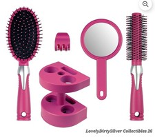 Professional Quality 5 piece Hairbrush Set Pink NWT 2 Brush Mirror Clip, Holder