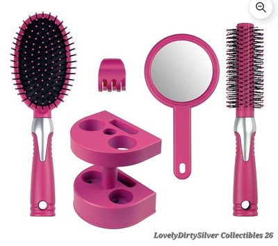 Professional Quality 5 piece Hairbrush Set Pink NWT 2 Brush Mirror Clip, Holder