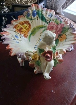 VINTAGE HAND PAINTED ITALIAN ART POTTERY WITH STANDING CHERUB MARKED ITALY 