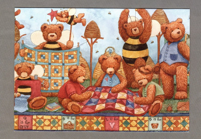 Teresa Kogut Teddy Bear Note Cards, Set of 2, Vintage Blank, Bumblebee Quilt