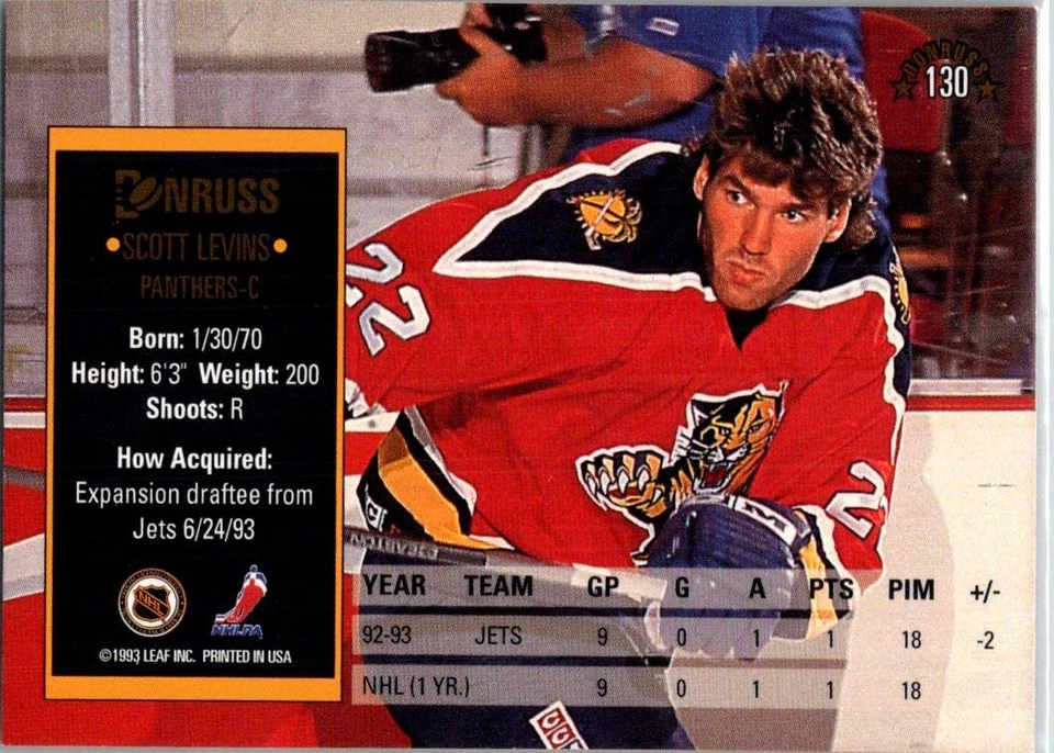 1993-94 Donruss Scott Levins Rookie Florida Panthers #130 - Image 2 of 2