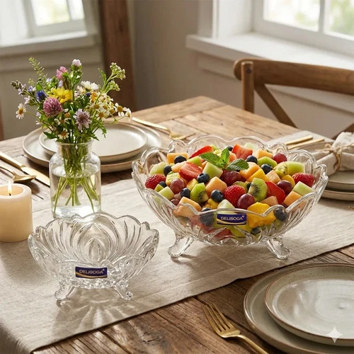 7-Piece Premium Footed Glass Crystal Clear Fruit Bowl Set for Salad, Desserts