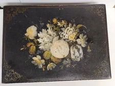 Victorian Wooden Toleware Painted Black Lacquer Floral Lidded Box
