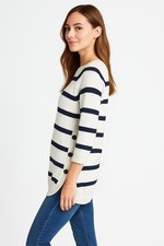 Cathy Daniels Womens Sweater White Navy Striped 3/4 Sleeve Small Button Casual