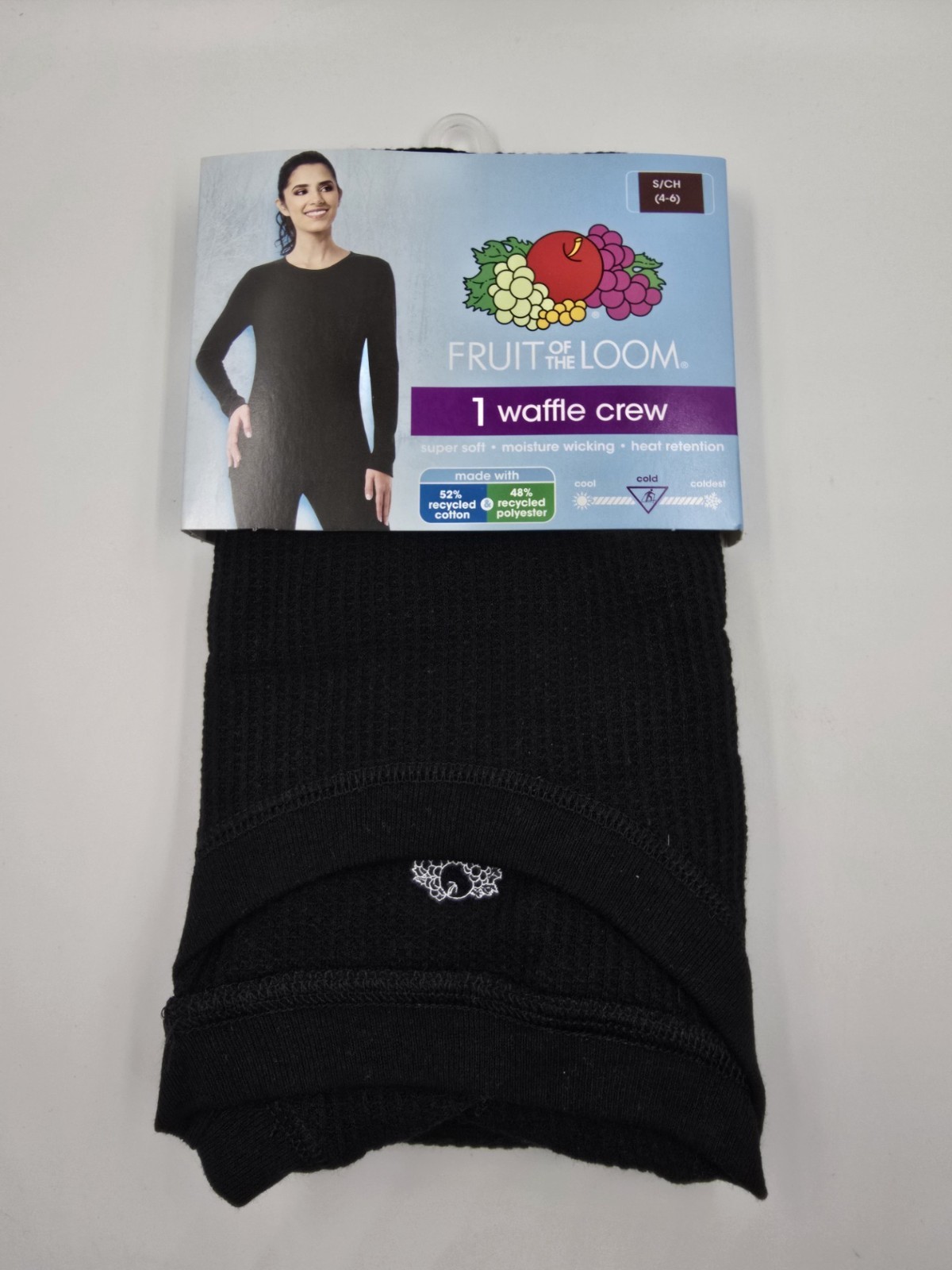 Fruit of the Loom Women's Black Waffle Crew Thermal Long Sleeve Size Small