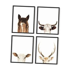 Set of 4 Rustic Farm Animal Pictures - Horse Deer Cow and 8x10 Black Framed