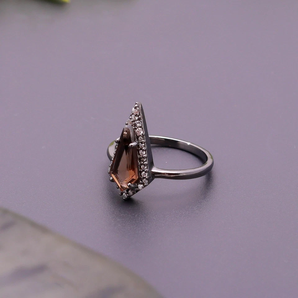 Anillo con forma de cometa de cuarzo ahumado natural plata de ley 925 joyería oxidada negra Foto 3 de 4