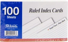 BAZIC Ruled Index Cards 3" X 5" 100 Count, White Flashcards, 1-Pack, 
