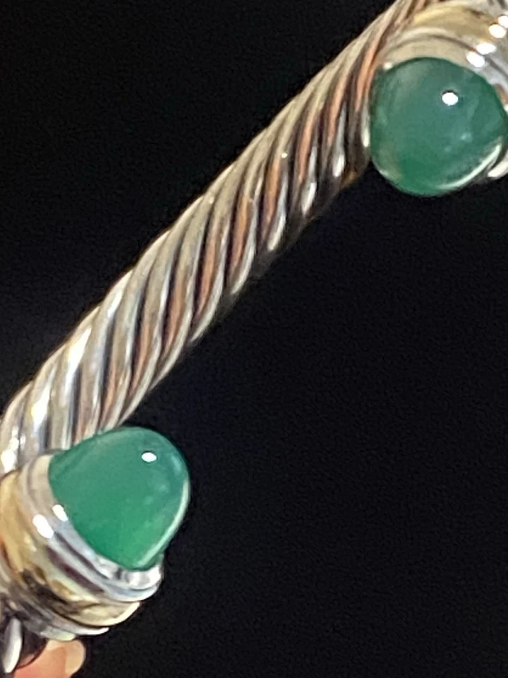 David Yurman 925 Sterling Silver 7mm Green Onyx and 585 Gold Cable Cuff Medium - Image 2 of 4