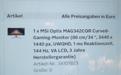 MSI Optix MAG342CQR 34 Zoll Curved UWQHD Gaming Monitor - Schwarz...
