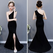 Girl's One Shoulder Sweep Train Side Slit Fitted Black Ball Gown Dress Princess