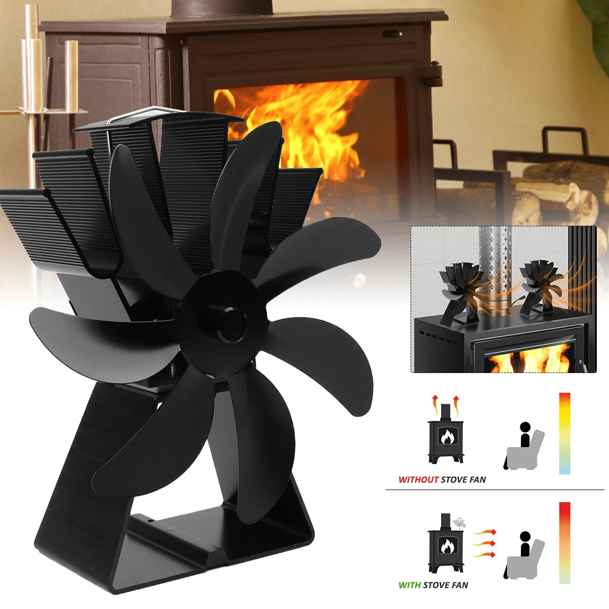 7-Blade Stove Fan Heat Powered Wood Log Burner Top Fire Burning Fan Eco  Friendly | eBay