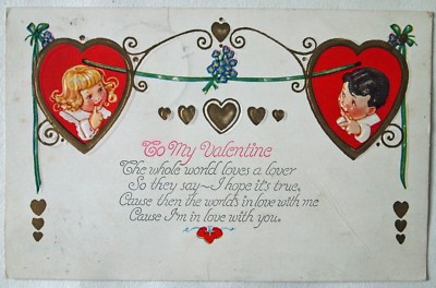 VALENTINSTAG POSTKARTE / AN MEINEN VALENTINSTAG / VERGOLDETE HERZEN & REIME / US 1926