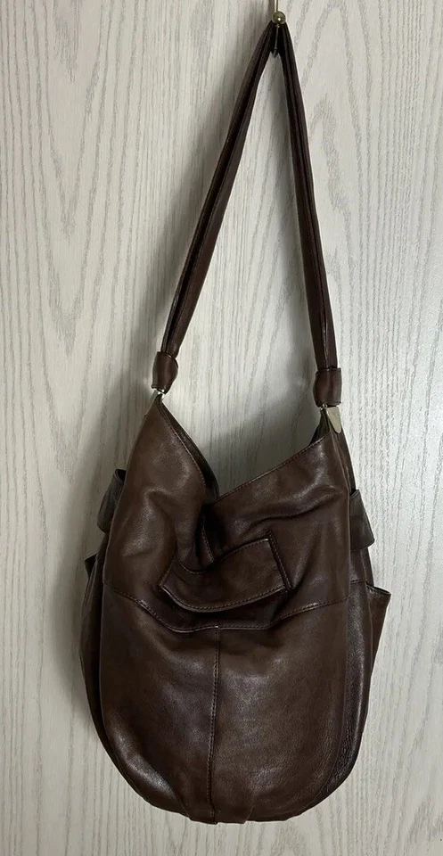 kooba Vintage Hobo Bohemian Shoulder Bag Bucket Purse Pleated Brown Leather - Image 4 of 4