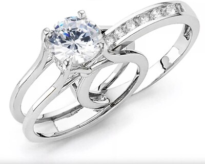 2 Ct Round 14K White Gold Simulated Diamond Engagement Ring Set ...