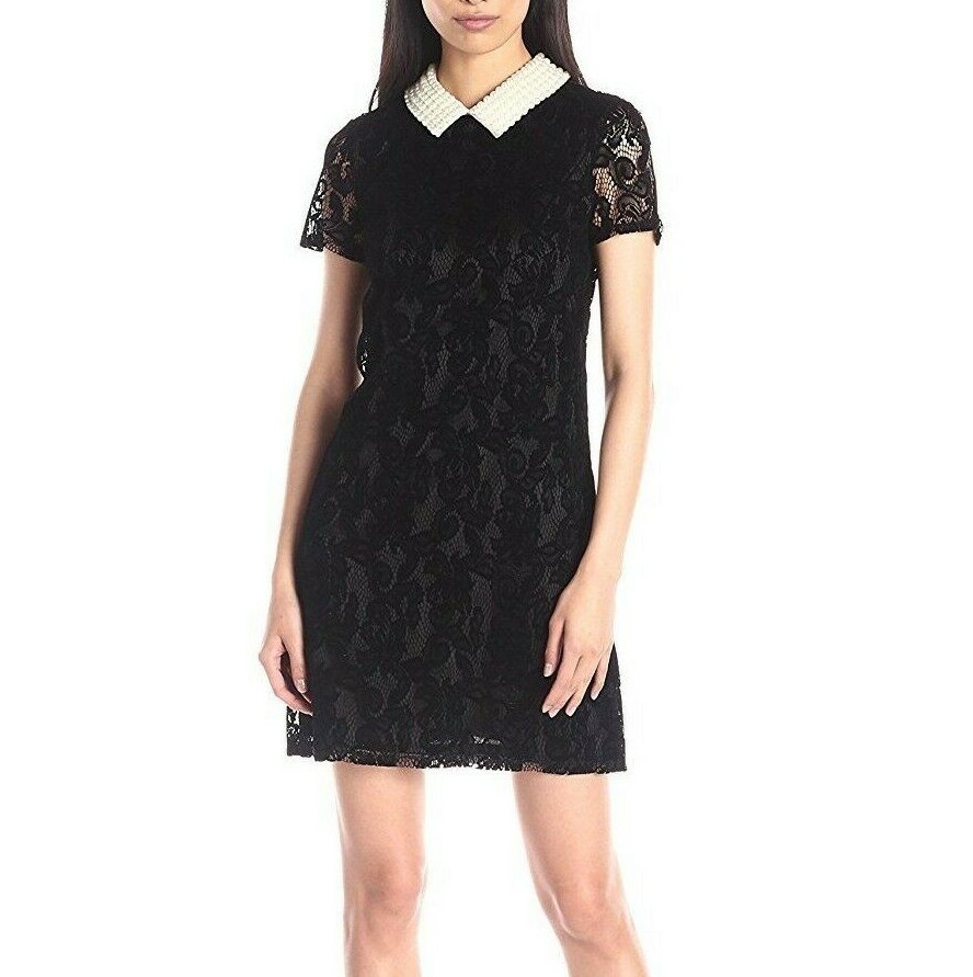 betsey johnson black dress with pearl collar NWT BETSEY JOHNSON Sz10 FAUX PEARL COLLAR CAP SLEEVE SHIFT FLOCK DRESS BLACK