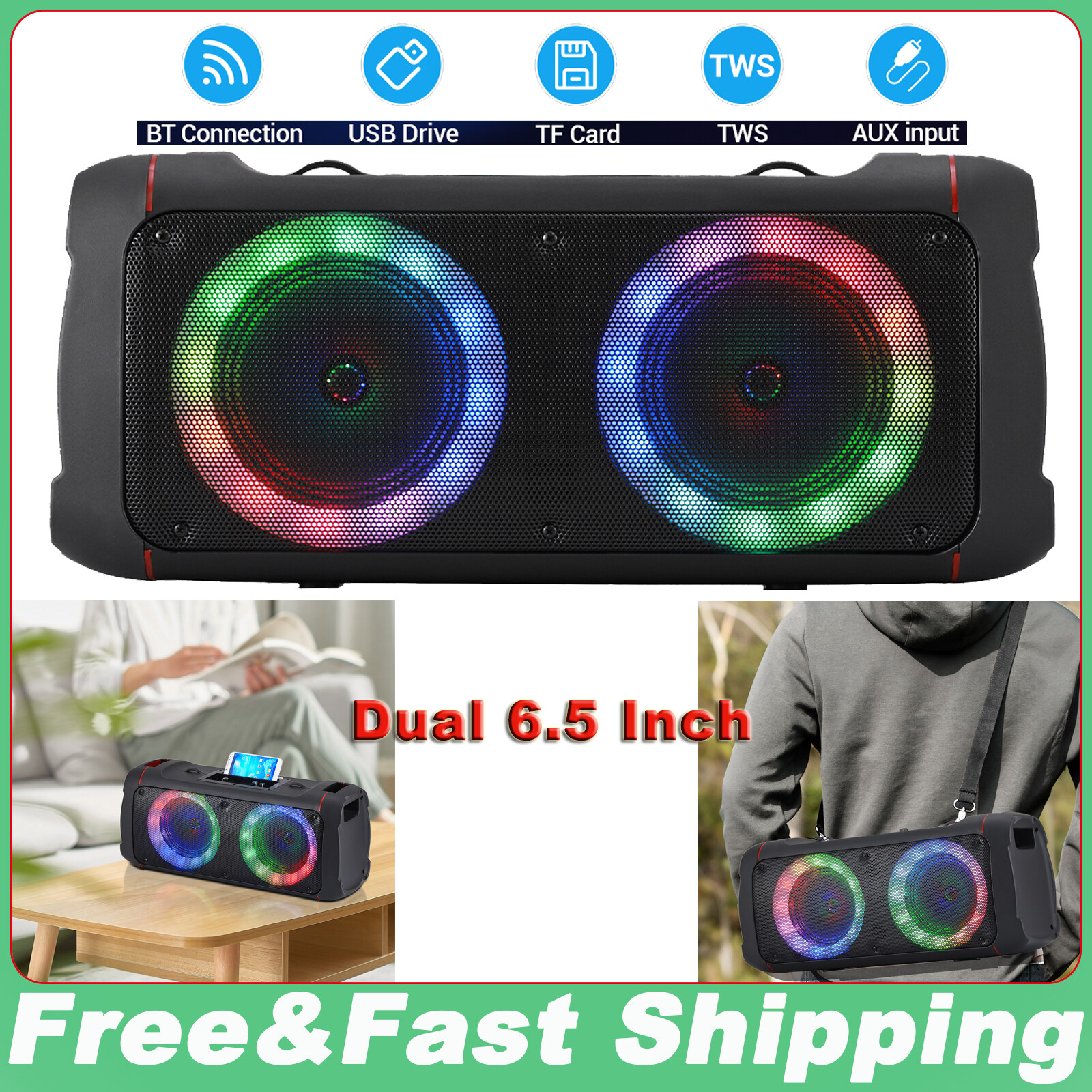 Dual 6.5 Inch Wireless Bluetooth Speaker Rechargeable Loud TWS Boombox Portable